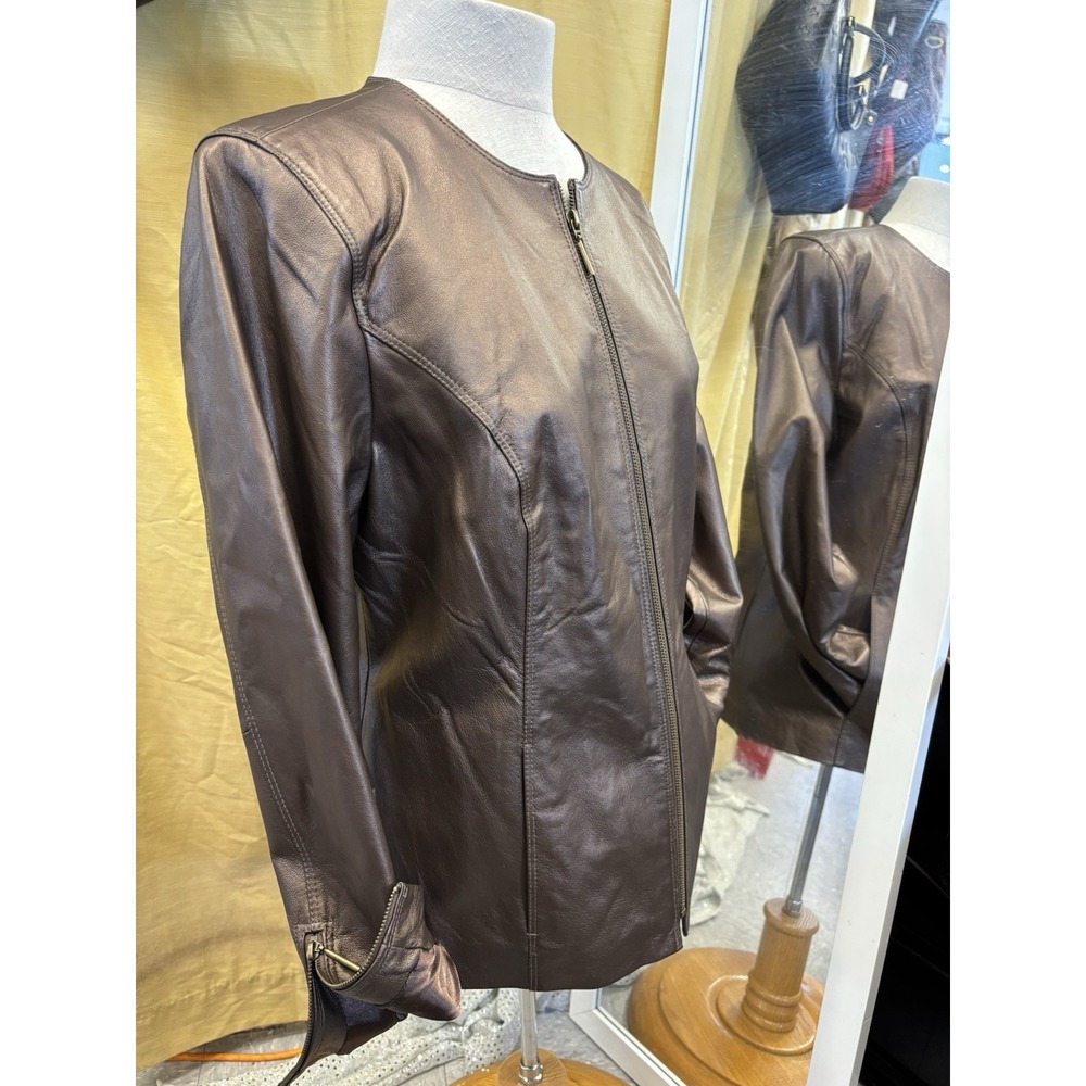 Womens Terry Lewis Classic Luxury Bronze Metallic Leather Jacket Size S